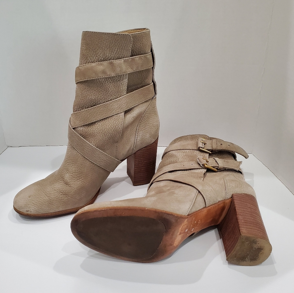 Kate Spade Lexy Suede Stacked Heel Bootie Shoes Size 10 Double Buckle Bo…